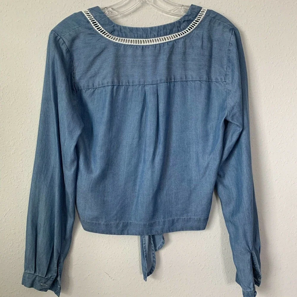 Lovers + Friends Denim Chambray Long Sleeve Tie Front Crop Top - Picture 6 of 6